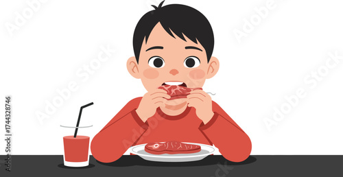 Young boy eating meat sandwich with red drink on table simple vector illustration 
