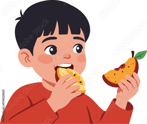 Young boy eating pear fruit with red shirt healthy snack illustration vector 