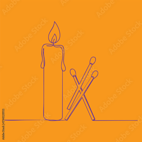 Minimalist line drawing of a lit candle and matchsticks on a vibrant orange