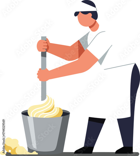 Chef stirring dough in kitchen preparing food with traditional tools vector illustration 