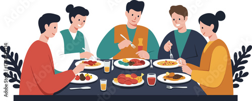 Group of friends eating dinner together enjoying diverse meal and drinks in casual setting vector illustration 