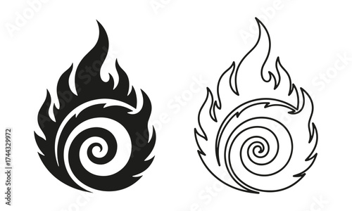 Eternal Spiral Flame Icons symbolizing endless cycles of soul remembrance and fire light in Outline and Solid Black Vector.