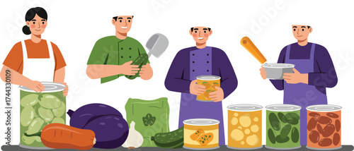 Group of people preparing and preserving vegetables in jars with kitchen utensils vector illustration 