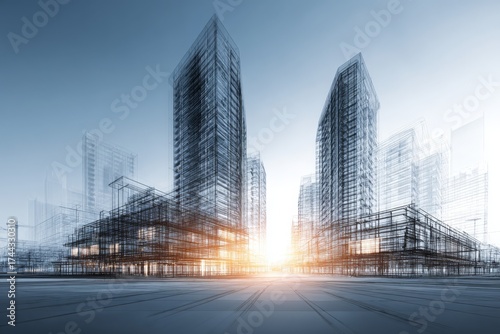 Abstract architectural design of a modern city skyline with towering skyscrapers, illuminated by a central golden light source, creating a futuristic cityscape aesthetic.