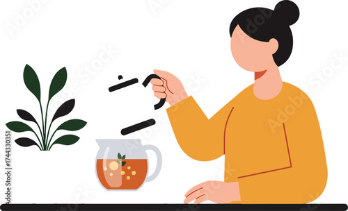 Woman in orange sweater pouring tea from teapot into cup with plant decoration in minimalist style