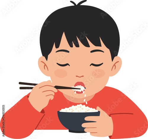 Child eating rice with chopsticks enjoying traditional Asian meal in red shirt vector illustration 