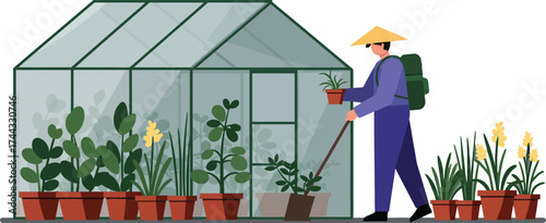 Gardener watering plants outside greenhouse with potted flowers and vegetables in garden scene vector illustration 