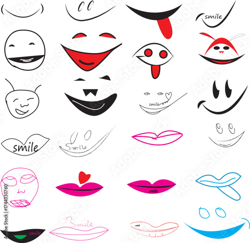 A Compilation of Cartoonish Smile Illustrations Exhibiting Varying Styles and Colors in a Playful Manner Including some with faces