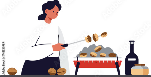Woman roasting chestnuts on grill with bottle and round bread vector illustration in lifestyle scene 