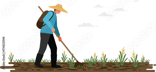 Farmer Working Field with Hoe in Crop Cultivation Agricultural Activity Vector Illustration 