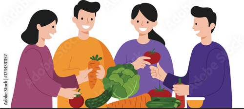 Group of people sharing fresh vegetables and healthy food in social gathering vector illustration 