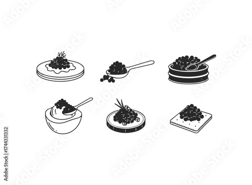 Black caviar icons set in doodle style