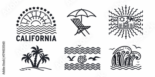 Collection of california beach and ocean themed graphic design elements and icons
