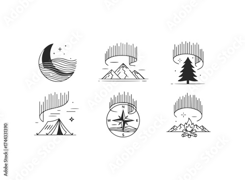 Collection of six northern lights illustrations