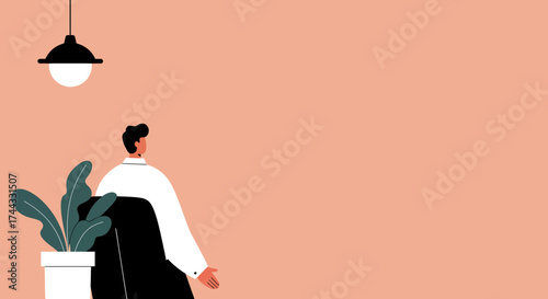 Man sits thoughtfully in a modern room with a plant and lamp Ideal for business or lifestyle content