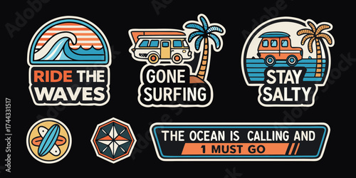 Collection of retro surf inspired graphic patches and stickers with ocean and travel themes