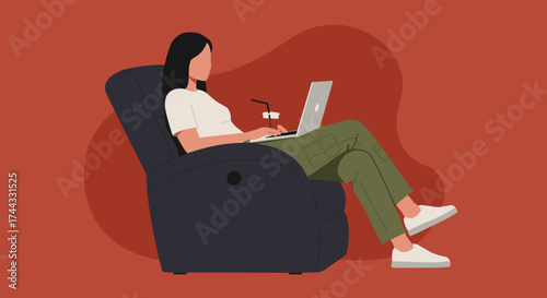 Woman working remotely on laptop with coffee sitting comfortably in a chair Remote work freelance