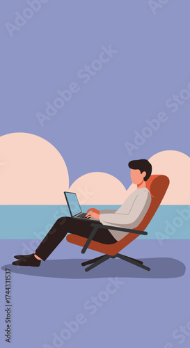 Relaxed man working on laptop in a lounge chair outdoors Remote work and flexible lifestyle