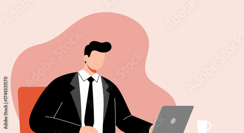 Professional man in suit working on laptop representing remote work business and productivity