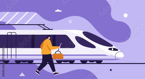 Man walking by modern highspeed train at station Represents travel commute and efficiency