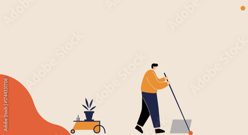 Minimalist illustration of a person with a stick and sphere embodying leisure focus or playful engagement