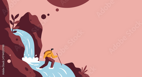 Hiker navigating a vibrant waterfall embracing nature and outdoor adventure