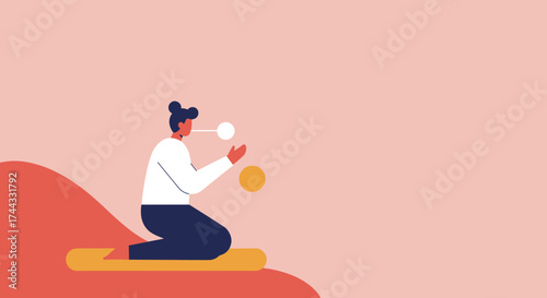 Woman on mat practicing mindfulness with conceptual floating elements symbolizing balance and wellness