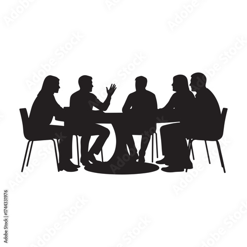 Minimalist Black Silhouettes of People Discussing at Round Table
