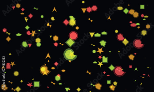 Abstract geometric shapes in brown green and red tones on black backdrop