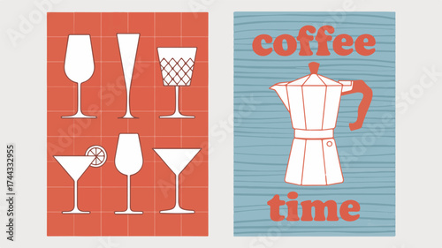 Minimalist kitchen art prints featuring glassware and coffee maker cocktail glass