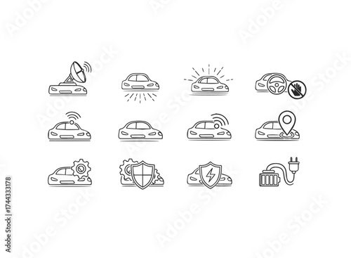 Set of autonomous car outline icons for apps and web
