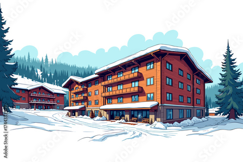 Ski resort hotel facade in winter landscape with snow and pine trees