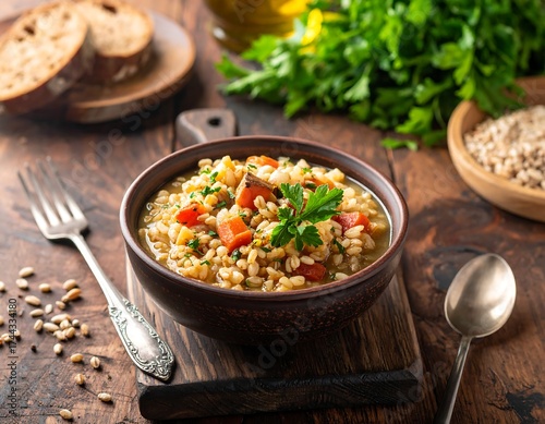 Hearty bowl of barley soup with vegetables