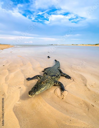 Crocodile basking on sandy riverbank.  Vast blue sky with clouds