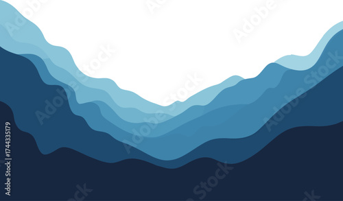 Abstract blue mountain layers with white sky negative space