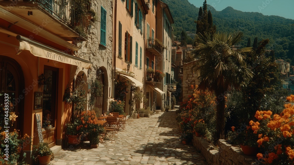 Fototapeta premium Sunlit European village street with lush greenery and stone facades for tourism promotion. 