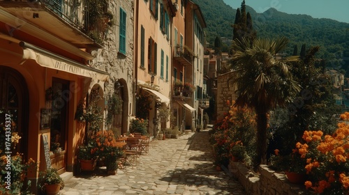 Sunlit European village street with lush greenery and stone facades for tourism promotion.
