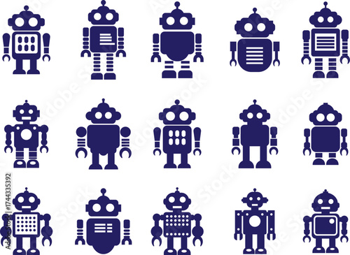 Retro robot icon set in blue flat style vector Group and collection of vintage androids, droids, bots, cyborgs, mechanical machines and humanoid robots.