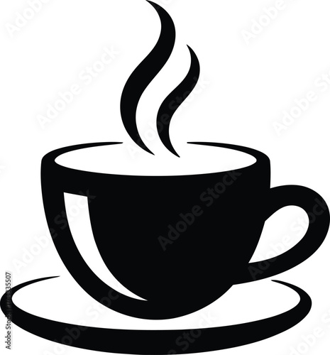 Simple black silhouette of a steaming coffee cup on a saucer