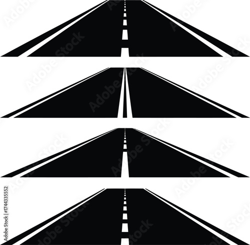 Four stylized black and white road perspectives receding into the distance
