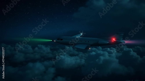 Sleek private jet soars through the night sky above soft clouds, illuminated by its navigation lights.
