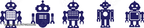 Retro robot icon set in blue flat style vector Group and collection of vintage androids, droids, bots, cyborgs, mechanical machines and humanoid robots.
