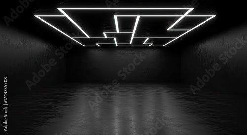 Modern geometric white neon light installation in a dark minimalist room with reflective floor