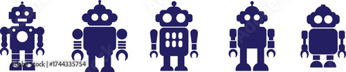 Retro robot icon set in blue flat style vector Group and collection of vintage androids, droids, bots, cyborgs, mechanical machines and humanoid robots.