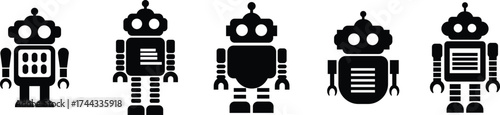 Retro robot icon set in black flat style vector Group and collection of vintage androids, droids, bots, cyborgs, mechanical machines and humanoid robots.