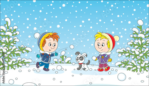 Happy little boys with a funny puppy have fun playing snowballs on a snowy playground in a winter park, vector cartoon illustration