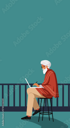 Man with turban and beard using laptop on balcony for remote work learning or creativity