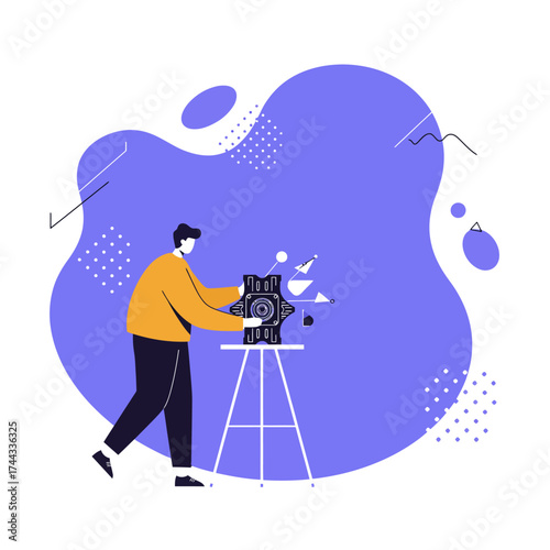 Man operating intricate scientific or technological device on tripod concept of research and innovation