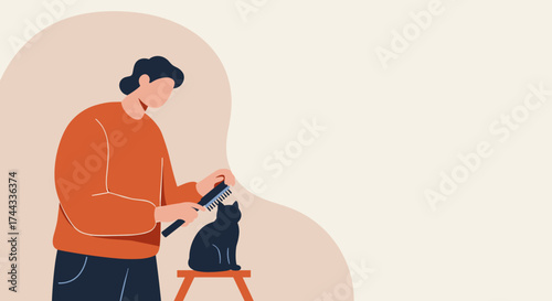 Person gently grooms a cat at home symbolizing pet care affection and domestic lifestyle