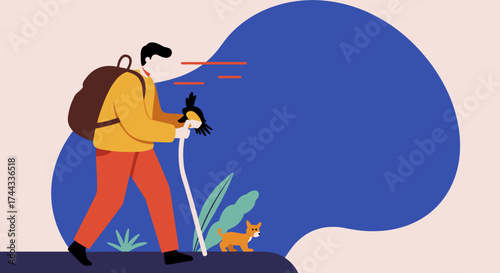 Hiker with dog and bird on outdoor adventure Enjoying nature travel and healthy lifestyle